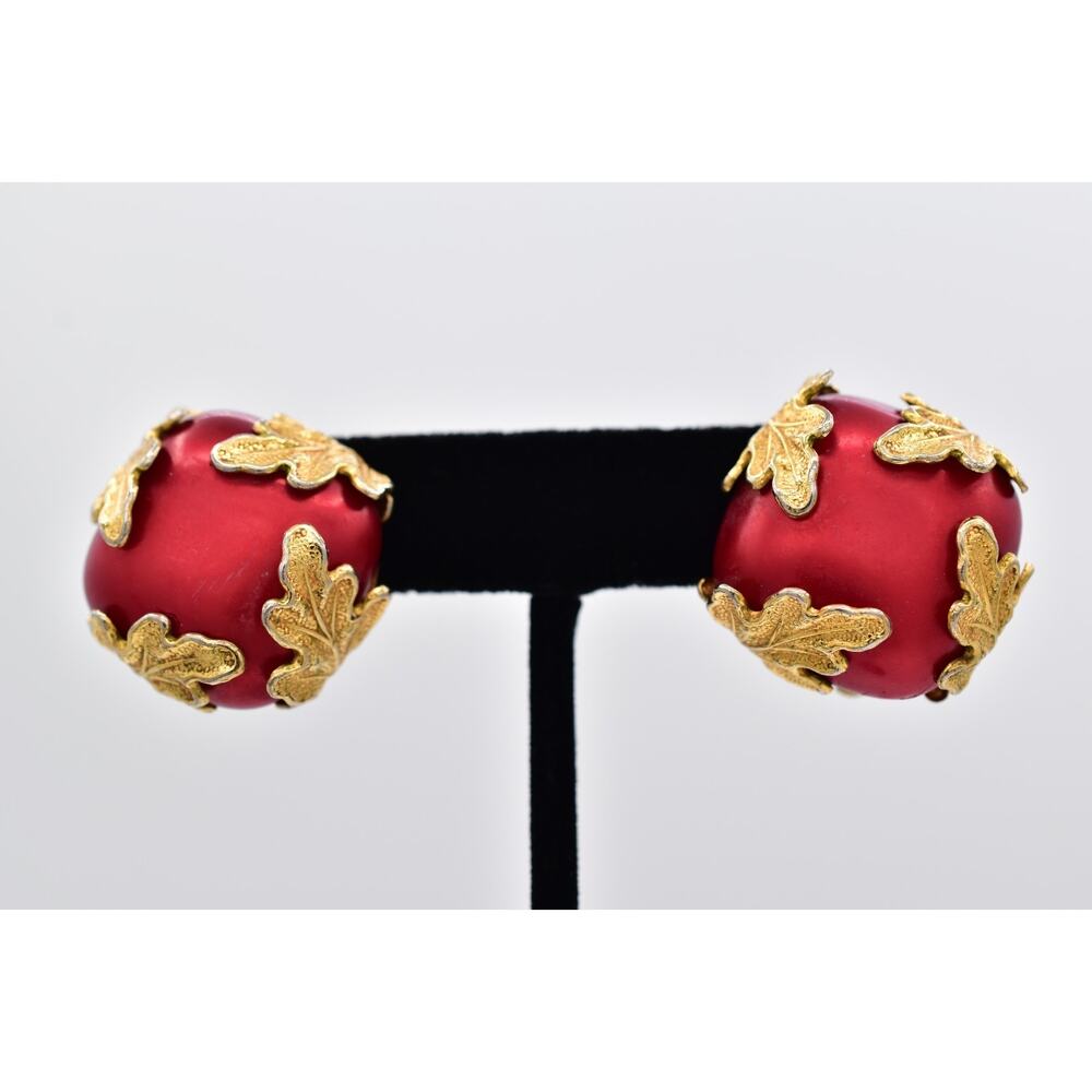 Dominique Aurientis Vintage Clip On Earrings Red Gold Leaf Chunky Signed BinAF